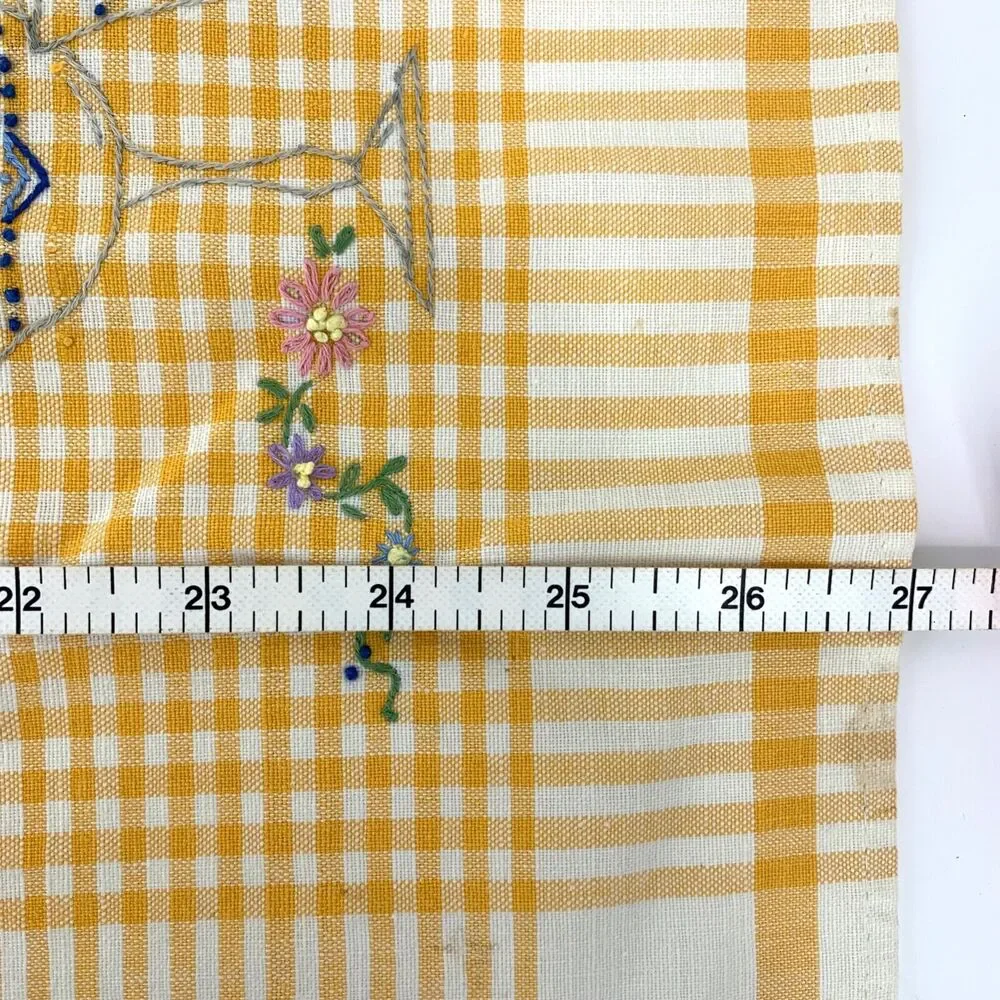 Vintage Gold Gingham Kitchen Towel Hand Embroidered Drinks and Floral Flowers